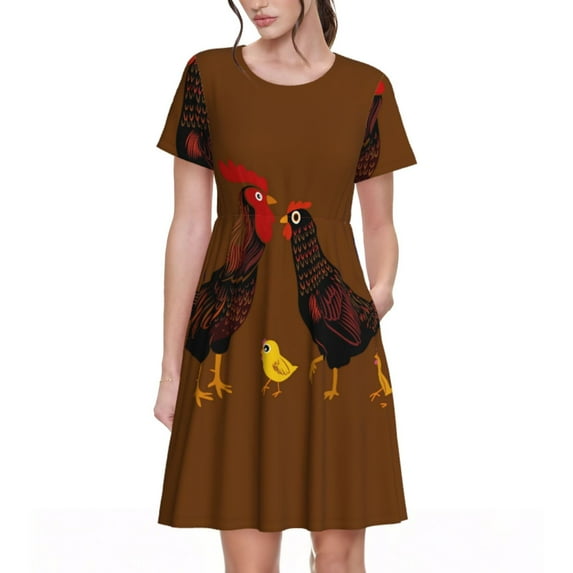 Susaid Chicken Farm Animal Pattern Women's Casual Floral Print Crewneck Short Sleeve A Line Boho Maxi Dress