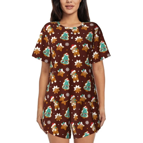 Susaid Christmas Gingerbread Print Women's Pajama Set, Button-Up Sleepwear with Elastic Waist Shorts, Perfect for Lounging, Yoga, Beach, and Casual Wear-Small