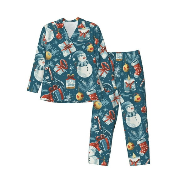 Susaid Christmas Snowman Gift Print Men's Long Sleeve Pajama Set, Two-Piece Button-Down Loungewear PJs Set, Comfortable Sleepwear for Relaxation-Large