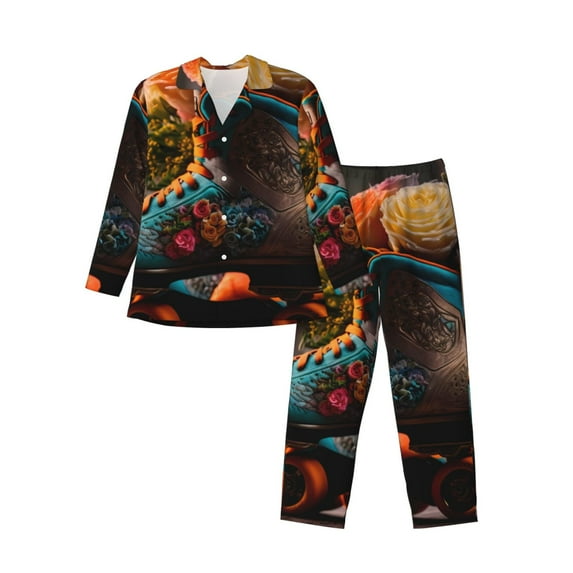 Susaid Classic Floral Blue Skate Shoes Print Men's Long Sleeve Pajama Set, Two-Piece Button-Down Loungewear PJs Set, Comfortable Sleepwear for Relaxation-XX-Large