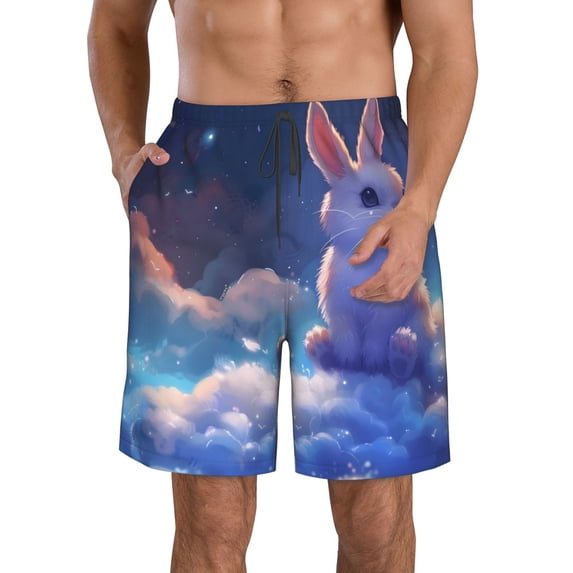 Susaid Cloud Cute Rabbit Print Men's Swim Trunks Hawaiian Bathing Mesh Lining Suit Swimsuits Beach Shorts with Pockets-X-Large