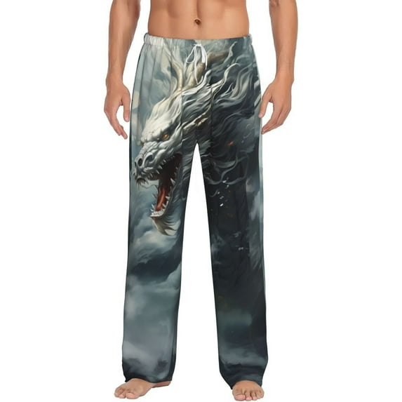 Susaid Cloud White Dragon Print Mens Pajama Pants Set Sleep & Lounge Pants, PJ Bottoms with Pockets and Button Fly-X-Large