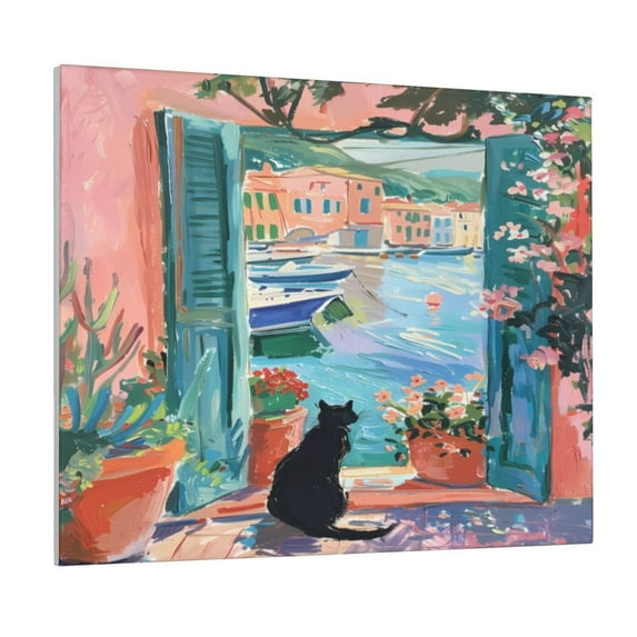 Susaid Coastal Cat By The Window Pattern Canvas Wall Decor Poster Framed Artwork Decoration for Bedroom Home Office Ready to Hang,Horizontal