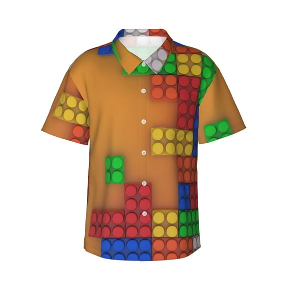 Susaid Colorful Building Blocks A Print Short Sleeve Shirts Button Down Casual Shirts Summer Beach Aloha Button Down Short Sleeve for Men ,Small