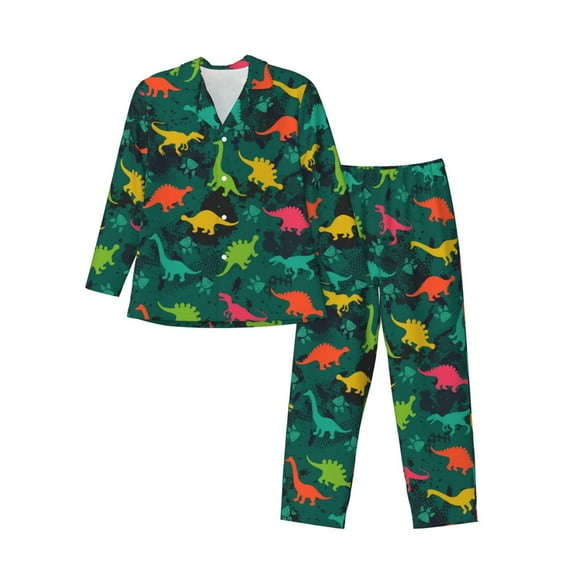 Susaid Colorful Dinosaurs Print Men's Long Sleeve Pajama Set, Two-Piece Button-Down Loungewear PJs Set, Comfortable Sleepwear for Relaxation-Medium