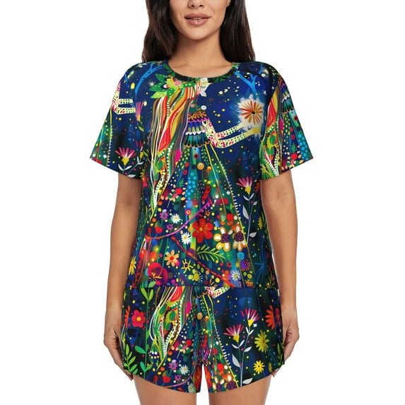 Susaid Colorful Floral Forest Fairy Print Women's Pajama Set, Button-Up Sleepwear with Elastic Waist Shorts, Perfect for Lounging, Yoga, Beach, and Casual Wear-X-Large