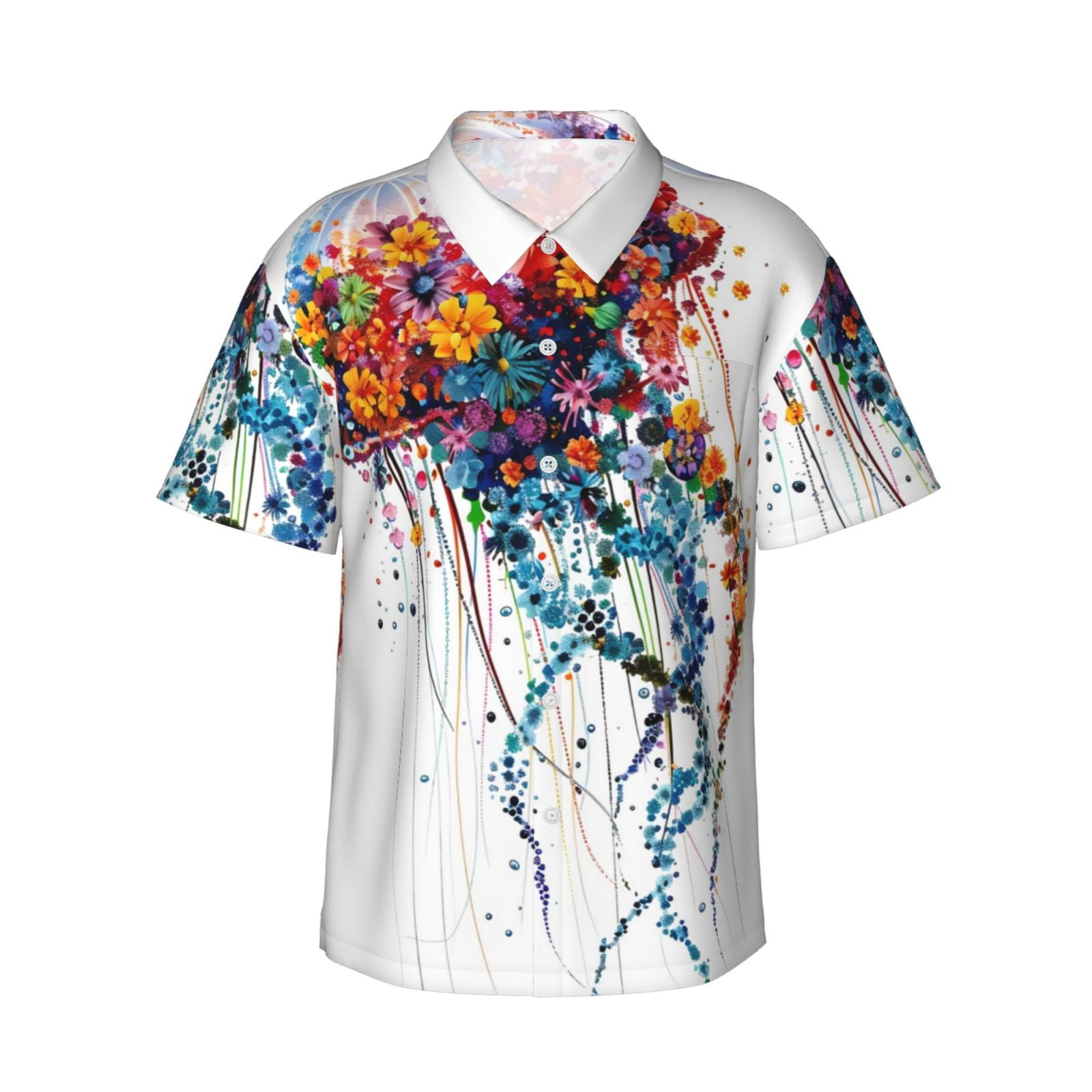 Jellyfish Print Irregular Chinese-Style Short Sleeve Cotton Shirt