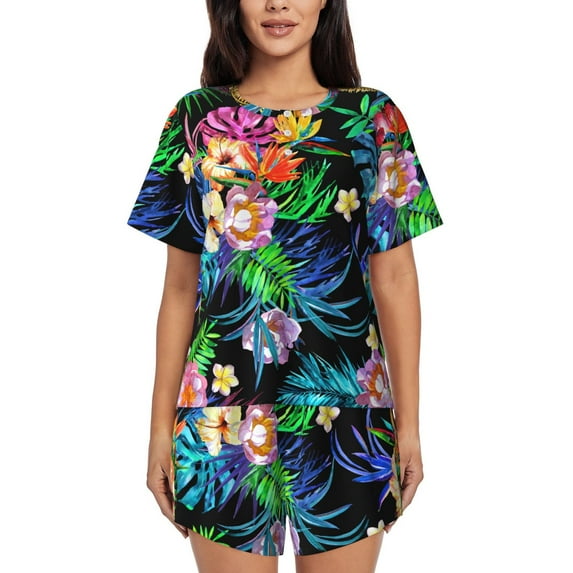 Susaid Colorful Flowers Print Women's Pajama Set, Button-Up Sleepwear with Elastic Waist Shorts, Perfect for Lounging, Yoga, Beach, and Casual Wear-4X-Large
