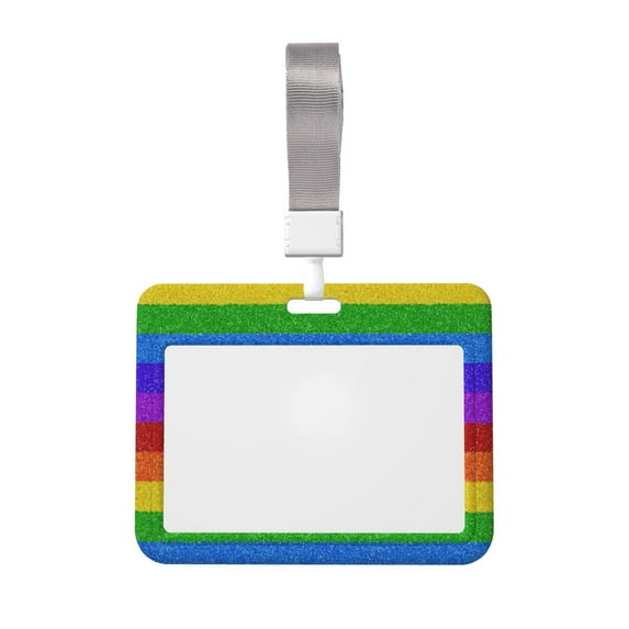 Susaid Colorful Glitter Rainbow Print ID Badge Holder with Double-Sided Windows Horizontal Hard Plastic Case Black Card Protector Pouch for Office School ID Credit Cards