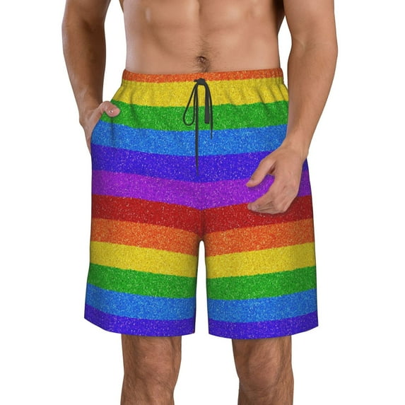 Susaid Colorful Glitter Rainbow Print Men's Swim Trunks Hawaiian Bathing Mesh Lining Suit Swimsuits Beach Shorts with Pockets-