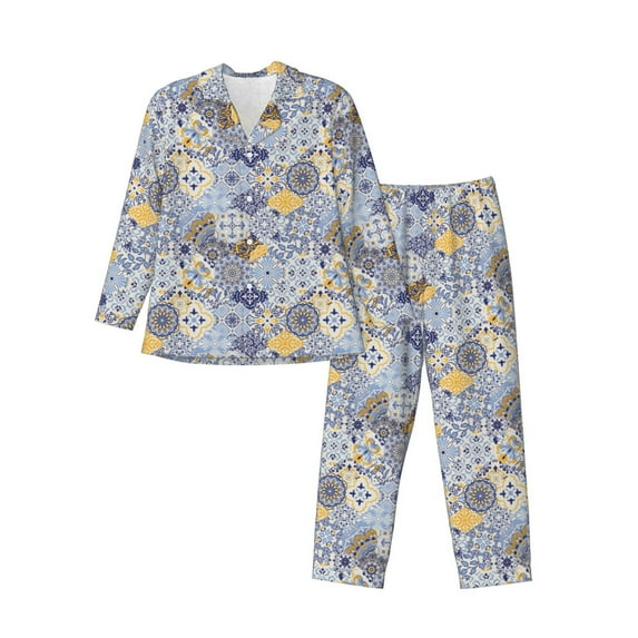 Susaid Colorful Mandalas Print Men's Long Sleeve Pajama Set, Two-Piece Button-Down Loungewear PJs Set, Comfortable Sleepwear for Relaxation-Large
