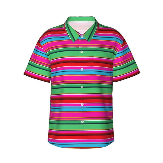 Susaid Colorful Mexican Stripes Print Hawaiian Shirts for Men Women,Hawaiian Summer Short-Sleeve Casual Relaxed-Fit Button-Down,Medium