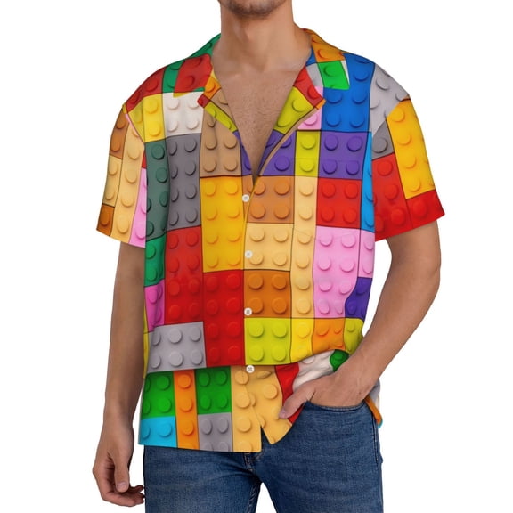 Susaid Colorful Plastic Blocks Pattern Print Men's Polo Shirts Button Down Short Sleeve Casual Summer Beach Vintage Shirts for Men-Medium