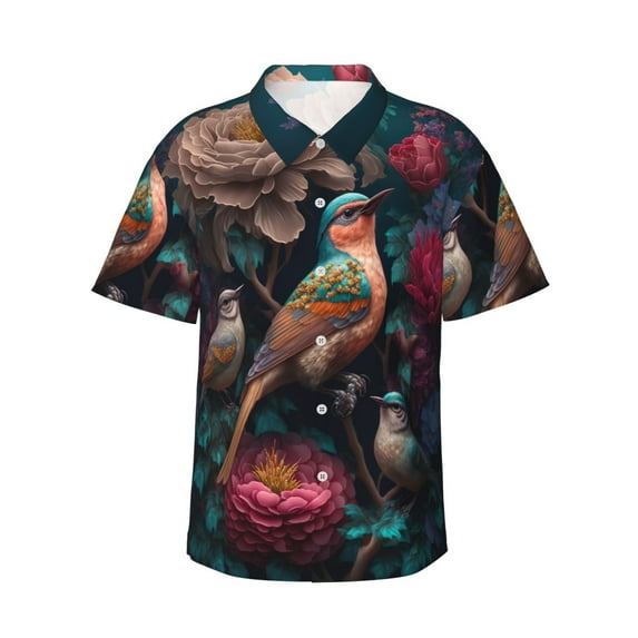 Susaid Colorful Rose Bird Print Short Sleeve Shirts Button Down Casual Shirts Summer Beach Aloha Button Down Short Sleeve for Men ,Large