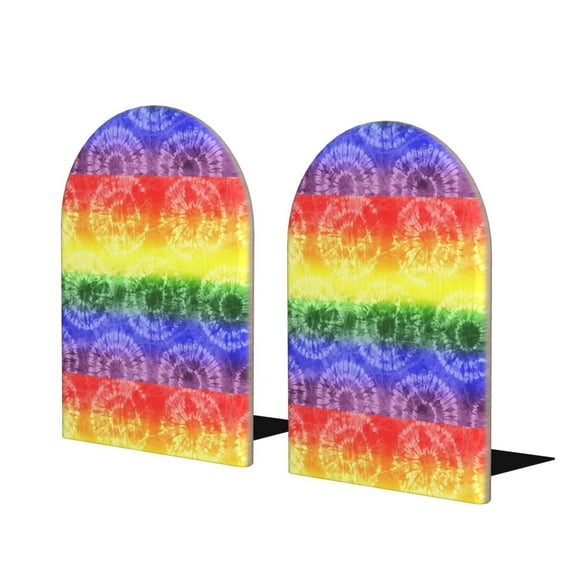 Susaid Colorful Tie Dye Print Wooden Bookends Decorative Book Ends for Shelves Heavy Books Holder Organizer Non-Slip Desk Book End for Kids Room Office School 1 Pairs