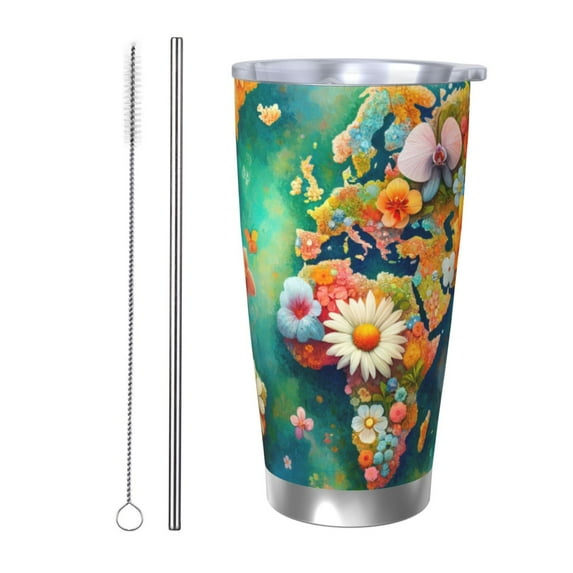 Susaid Colorful World Map Print 20oz Car Cup,Insulated Coffee Cup Fully Spill Proof Travel Coffee Mug, Stainless Steel Tumbler for Work Home Outdoor Car-Straw Two-piece Set