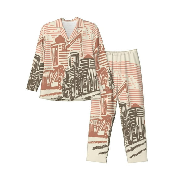 Susaid Combine harvester working with tractor Print Pajamas Set Mens Pajamas Long Sleeve Loungewear Two-Piece Sleepwear Button-Down Pjs Set,2PJSLarge
