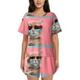 thumbnail image 1 of Susaid Cool Cat Pink Sunglasses Print Women's Pajama Set, Button-Up Sleepwear with Elastic Waist Shorts, Perfect for Lounging, Yoga, Beach, and Casual Wear-4X-Large, 1 of 7