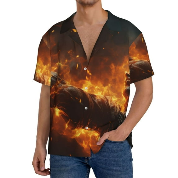 Susaid Cool Fire Man Print Men's Polo Shirts Button Down Short Sleeve Casual Summer Beach Vintage Shirts for Men-Large