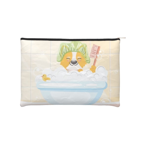 Susaid Corgi In The Shower Cap Bathing Print Makeup Mini Bags for Women Multi Color Cosmetics Bag Travel Toiletry Bag Pencil Pouch Blank Makeup Bags with Zipper