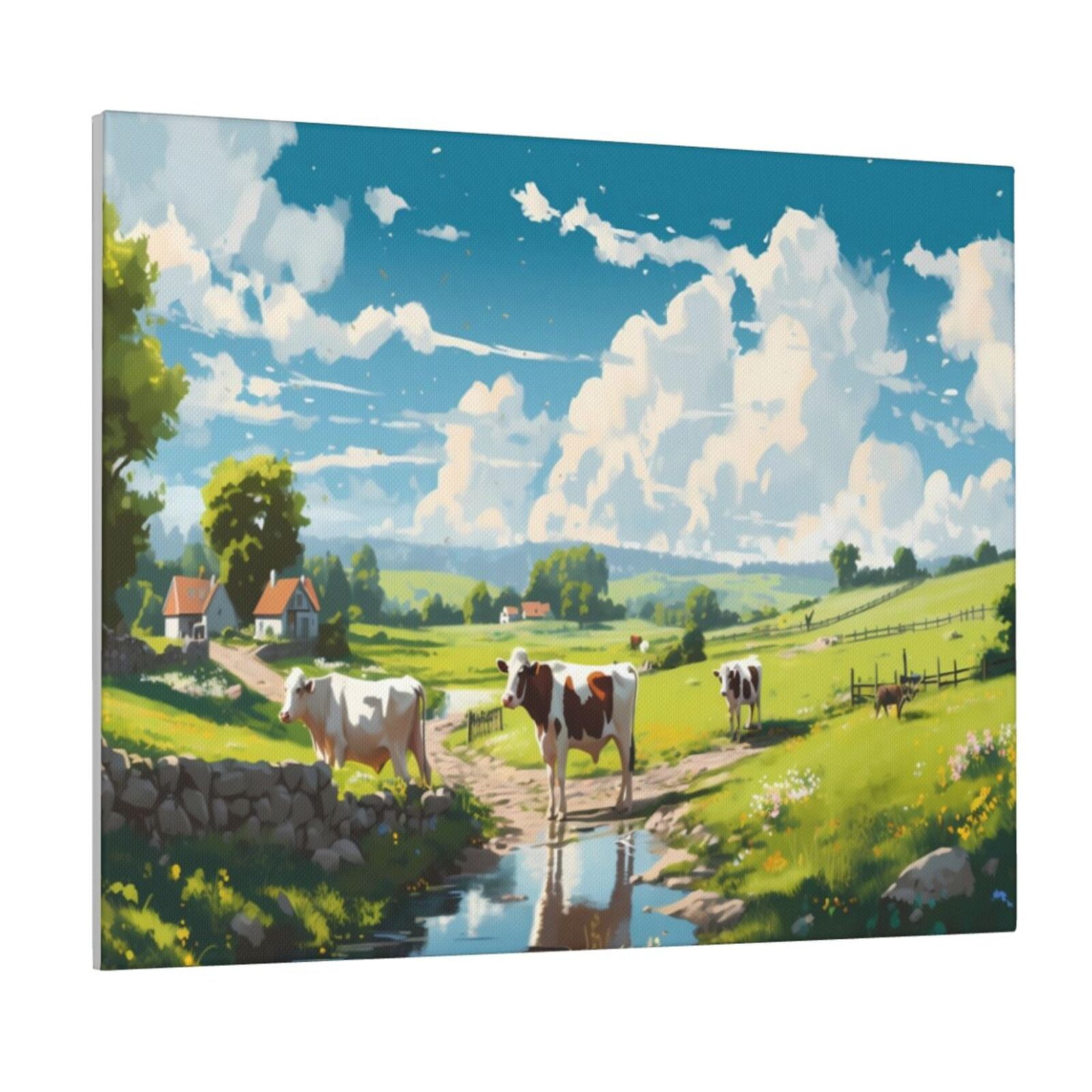 Susaid Countryside Farm Cow Pattern Canvas Wall Decor Poster Framed ...