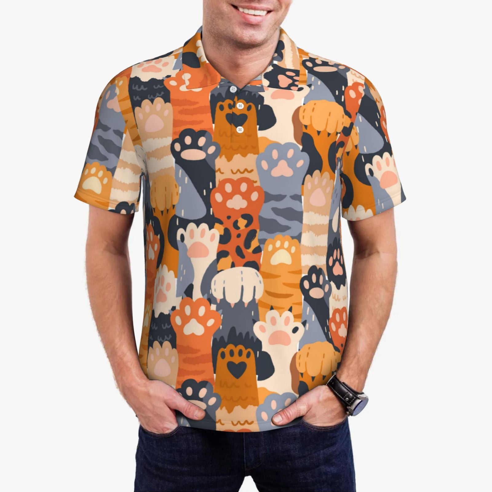 Susaid Cute Cat Paw Print Men's Short Sleeve Polo Shirt, Golf Shirts ...