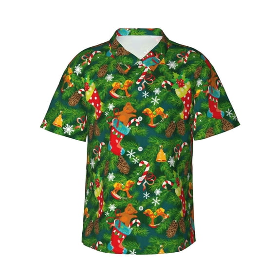 Susaid Cute Christmas Stocking Bear Print Short Sleeve Shirts Button Down Casual Shirts Summer Beach Aloha Button Down Short Sleeve for Men ,Large