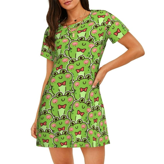 Susaid Cute Green Frog Pattern Sleep Shirts for Women Short Sleeve Night Shirts for Sleeping Pullover Nightgown Soft Nightdress