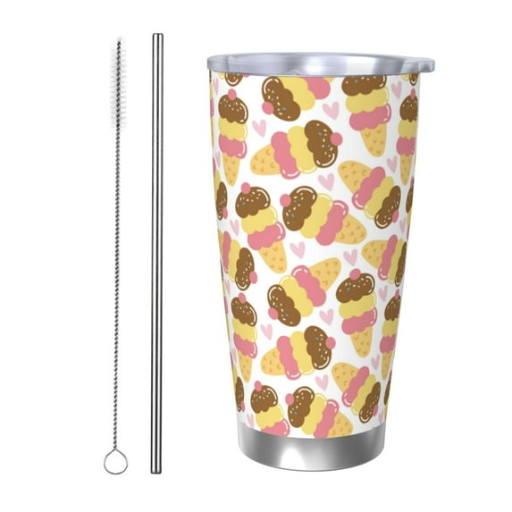 Susaid Cute Ice Cream Print 20oz Car Cup,Insulated Coffee Cup Fully Spill Proof Travel Coffee Mug, Stainless Steel Tumbler for Work Home Outdoor Car-Straw Two-piece Set