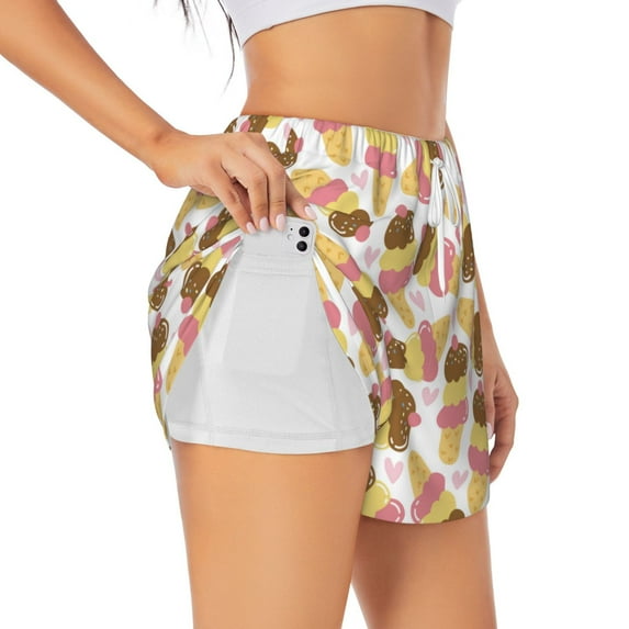 Susaid Cute Ice Cream Print Women's High Waisted Running Shorts Quick Dry Athletic Gym Track Workout Shorts Zip Pocket-Small