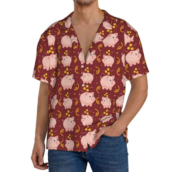Susaid Cute Pig with Coins Print Men's Polo Shirts Button Down Short Sleeve Casual Summer Beach Vintage Shirts for Men-Medium