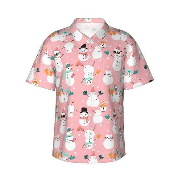 Susaid Cute Pink Snowman Cat Print Hawaiian Shirts for Men Women,Hawaiian Summer Short-Sleeve Casual Relaxed-Fit Button-Down,Small