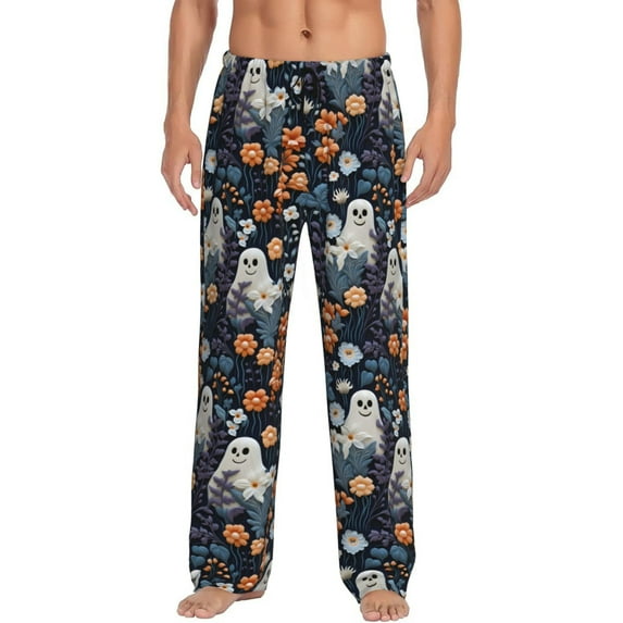 Susaid Cute ghost in the flowers Print Mens Pajama Pants Set Sleep & Lounge Pants, PJ Bottoms with Pockets and Button Fly-XX-Large