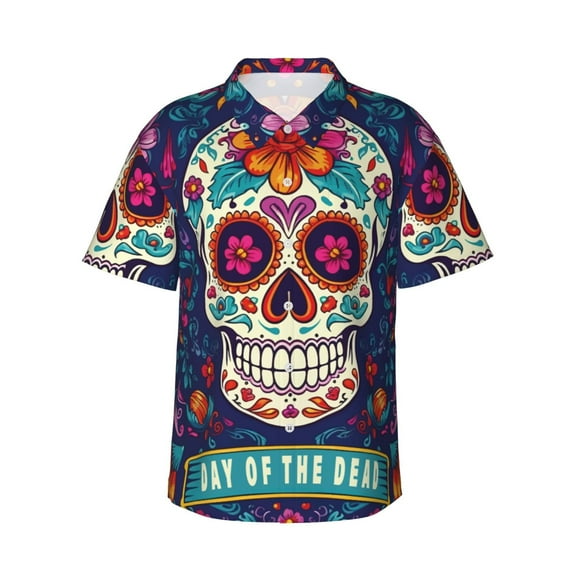 Susaid Dead Day Party Print Short Sleeve Shirts Button Down Casual Shirts Summer Beach Aloha Button Down Short Sleeve for Men ,Large