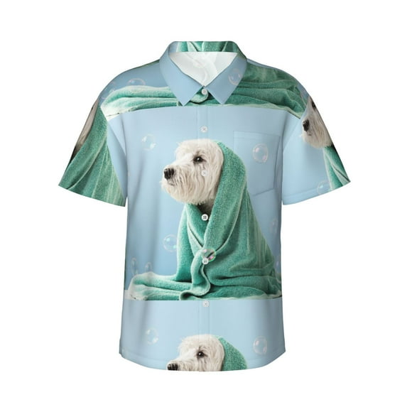 Susaid Dog Wrapped in Towel Print Short Sleeve Shirts Button Down Casual Shirts Summer Beach Aloha Button Down Short Sleeve for Men ,XX-Large
