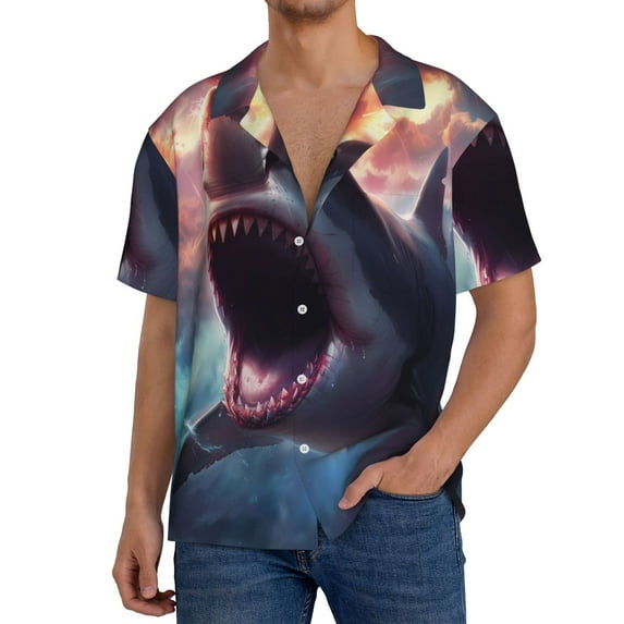 Susaid Dramatic Shark Attack Print Men's Polo Shirts Button Down Short Sleeve Casual Summer Beach Vintage Shirts for Men-X-Large