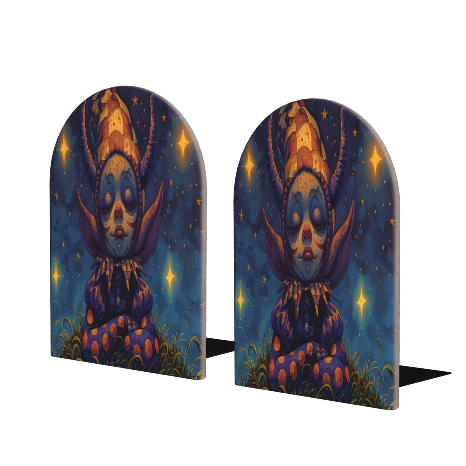 Susaid Dreamy Jester Under Stars Print Wooden Bookends Decorative Book ...