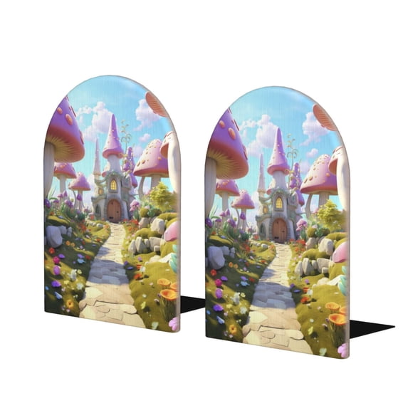 Susaid Dreamy Mushroom House Print Wooden Bookends Decorative Book Ends for Shelves Heavy Books Holder Organizer Non-Slip Desk Book End for Kids Room Office School 1 Pairs