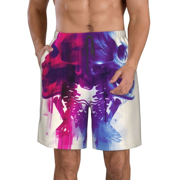 Susaid Dual Skulls Colorful Fusion Print Men's Swim Trunks Hawaiian Bathing Mesh Lining Suit Swimsuits Beach Shorts with Pockets-Small