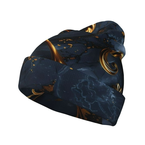Susaid Elegant Gold Scrollwork Print Winter Beanie for Men Women, Lined Beanie Soft Warm Knit Hat Ski Cuffed Cap