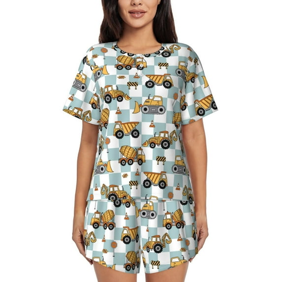 Susaid Excavator Print Women's Pajama Set, Button-Up Sleepwear with Elastic Waist Shorts, Perfect for Lounging, Yoga, Beach, and Casual Wear-Large