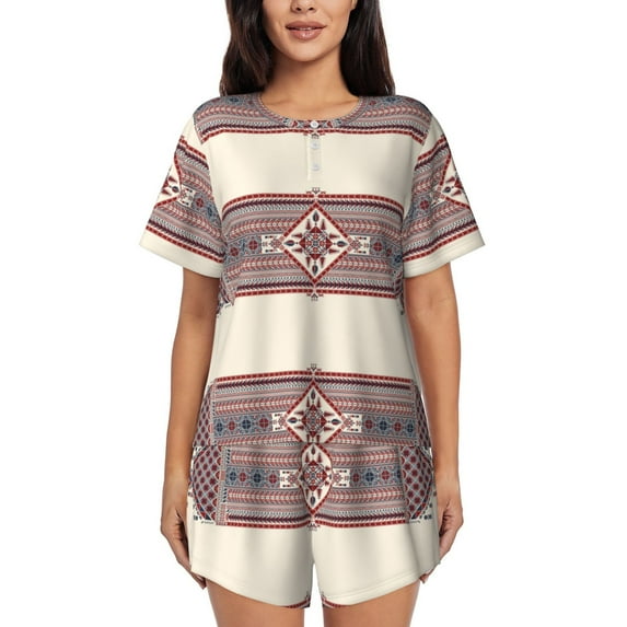 Susaid Fashion Tatreez Print Women's Pajama Set, Button-Up Sleepwear with Elastic Waist Shorts, Perfect for Lounging, Yoga, Beach, and Casual Wear-XX-Large
