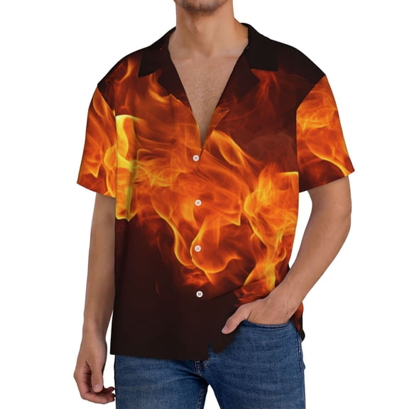 Susaid Fiery Orange Flames Energy Print Men's Polo Shirts Button Down Short Sleeve Casual Summer Beach Vintage Shirts for Men-3X-Large