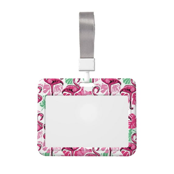 Susaid Flamingo Print ID Badge Holder with Double-Sided Windows Horizontal Hard Plastic Case Black Card Protector Pouch for Office School ID Credit Cards