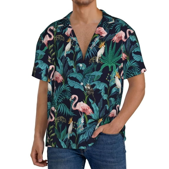 Susaid Flamingos And Birds Print Men's Polo Shirts Button Down Short Sleeve Casual Summer Beach Vintage Shirts for Men-XX-Large