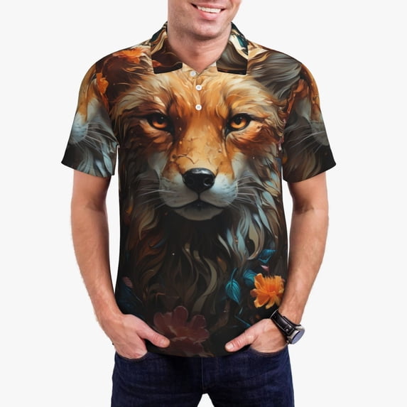 Susaid Floral Fox Print Men's Short Sleeve Polo Shirt, Golf Shirts for Men, Business Casual Polos-Medium