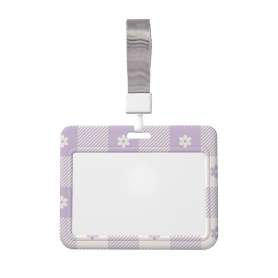 Susaid Floral Purple Buffalo Plaid Print ID Badge Holder with Double-Sided Windows Horizontal Hard Plastic Case Black Card Protector Pouch for Office School ID Credit Cards
