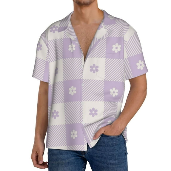 Susaid Floral Purple Buffalo Plaid Print Men's Polo Shirts Button Down Short Sleeve Casual Summer Beach Vintage Shirts for Men-3X-Large