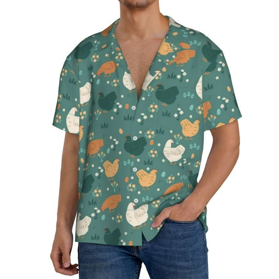 Susaid Flowe Rooster Print Men's Polo Shirts Button Down Short Sleeve Casual Summer Beach Vintage Shirts for Men-Large