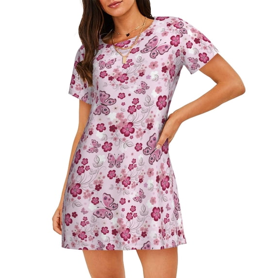 Susaid Flower Butterfly Pattern Sleep Shirts for Women Short Sleeve Night Shirts for Sleeping Pullover Nightgown Soft Nightdress
